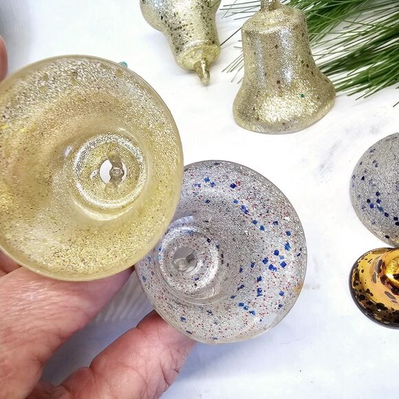 Vintage 6 Hard Plastic Gold Silver Glitter Bell Christmas Tree Ornaments Retro! - Picture 9 of 11